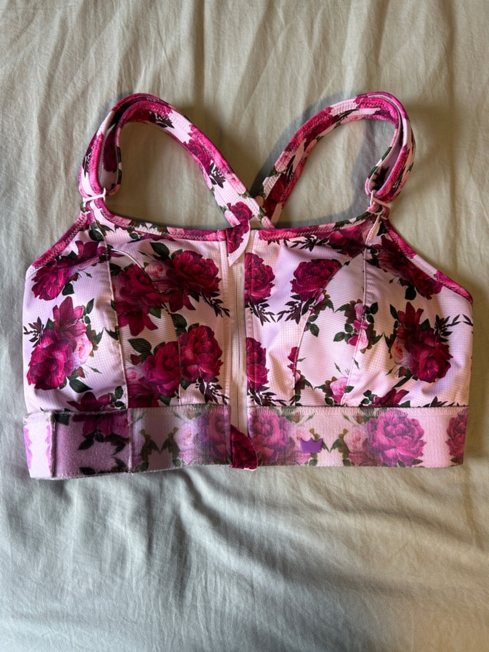 SheFit Front-Zip Sports Bra - Pink Rose Print 2Luxe